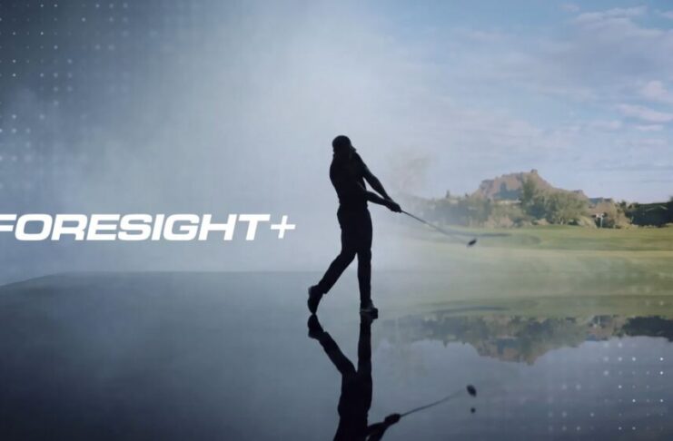 Golfer silhouette beside the Foresight+ logo and a simulated golf course.