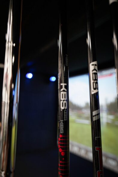 Close-up of KBS golf shafts displayed during the brand’s UK trade event in Wokingham.