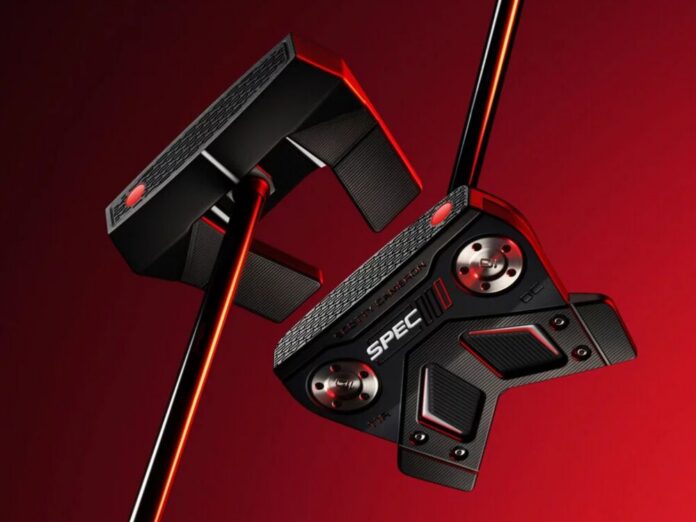 Limited-edition Scotty Cameron Phantom 5 and Phantom 11R OC Spec III putters against a red and black background.